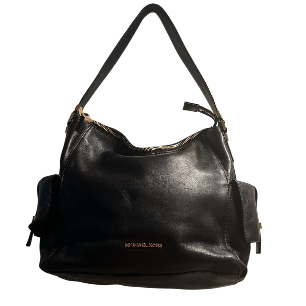 Michael Kors Black Leather Shoulder Bag with 2 side pockets gold tone hardware